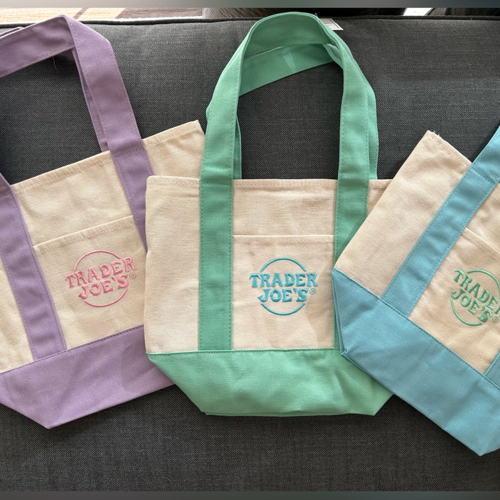 Three Trader Joe's Canvas Tote Bag - purple, blue and green